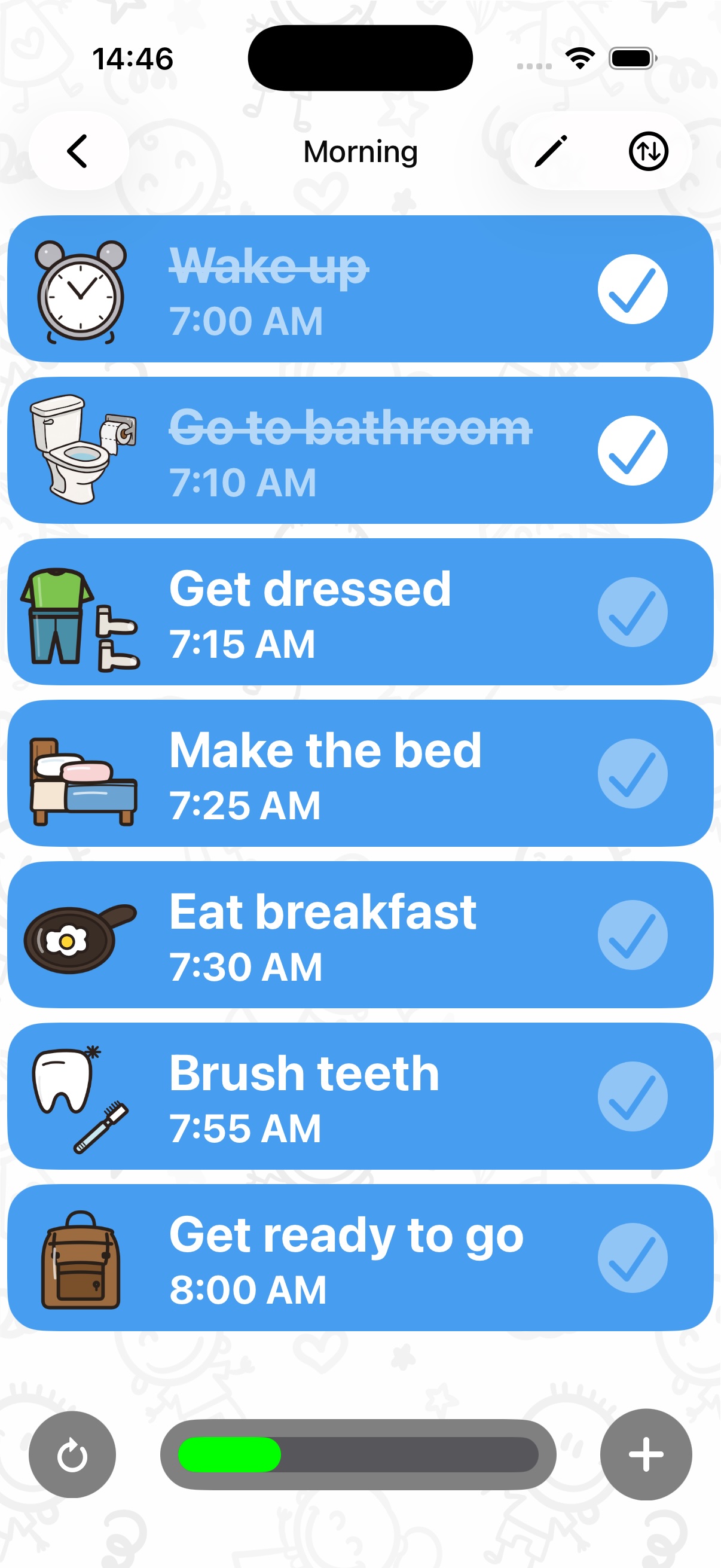 Daily visual schedule for kids with icon tasks and checkboxes